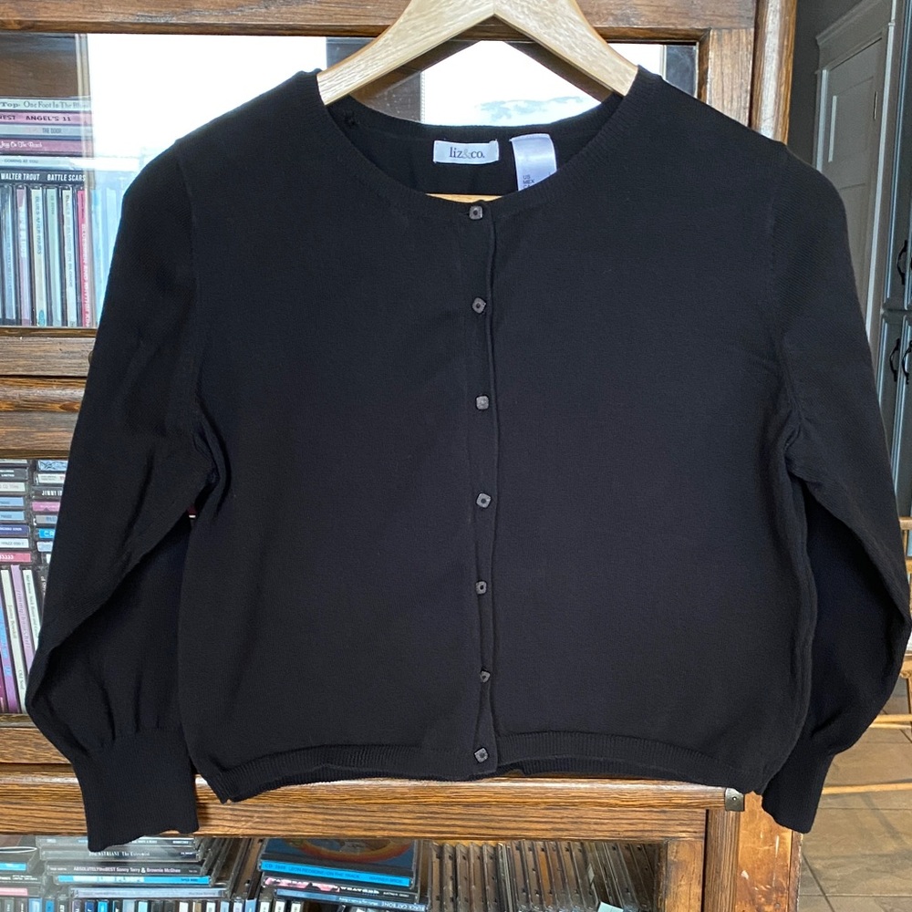 Vintage LIZ&CO. Cropped 3/4 Sleeve Black Cardigan Size Large